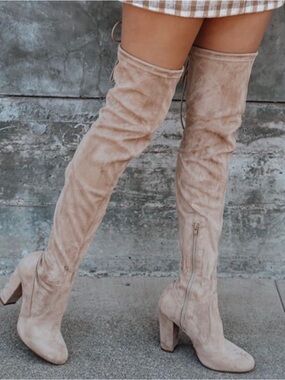 Lulus So Much Yes Over The Knee Faux Suede Tan Block Heel Boots Womens Size 8